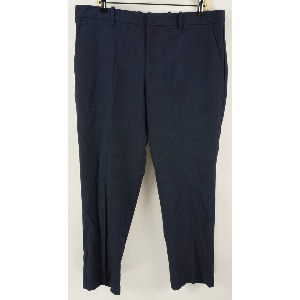New Perry Ellis Performance Dress Pants Men's 34 x 30 Dark Blue Plaid Stretch